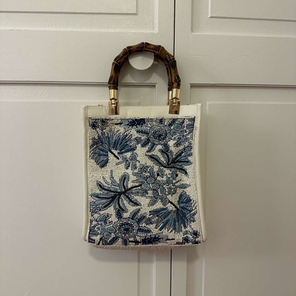 Floral Beaded White and Blue Bag